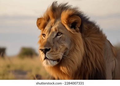 Portrait of a strong male lion with the African savanna