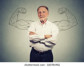 Portrait Of A Strong Old Man Isolated On Gray Wall Background 