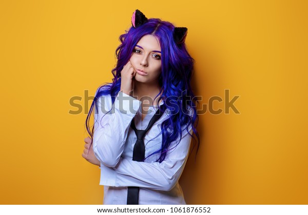 Portrait Student Girl Purple Hair Cats Beauty Fashion Stock Image