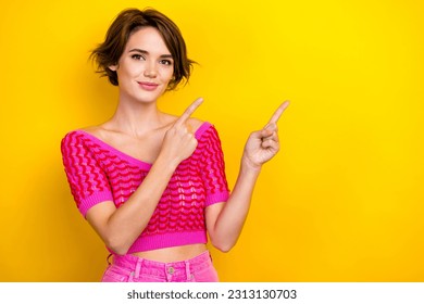 Portrait of stunning pretty lady wear trendy clothes two arm direct empty space opening boutique isolated on yellow color background - Shutterstock ID 2313130703
