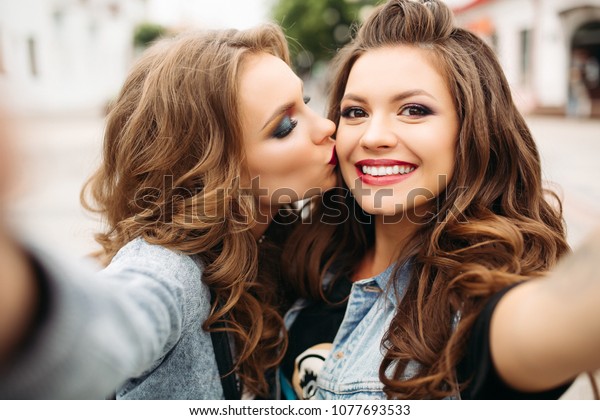 Portrait Stunning Young Girls Wavy Hair Beauty Fashion Stock Image