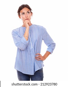 Portrait Of Stylish Adult Woman Asking Herself A Question While Looking To Her Left Up And Standing On Isolated White Background - Copyspace