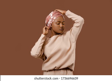 Portrait Of Stylish African Model Beautiful Arab Muslim Woman In Trendy Traditional Clothes, Teenager In Traditional Hijab. People Lifestyle. Cultures Of The World