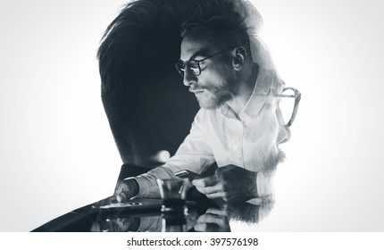 Portrait Of Stylish Bearded Lawyer Wearing Glasses And Looking City. Double Exposure, Businessman Working Laptop At Night, Texting Smartphone Background. Isolated White. Horizontal, Bw Mockup