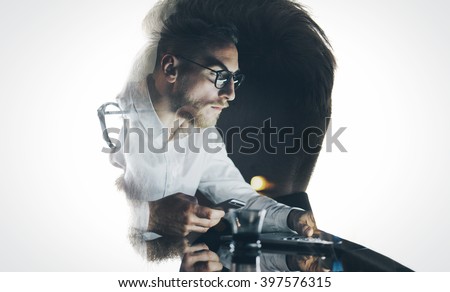 Portrait of stylish bearded lawyer wearing glasses and looking city. Double exposure, businessman working laptop at night, texting smartphone background. Isolated white. Horizontal