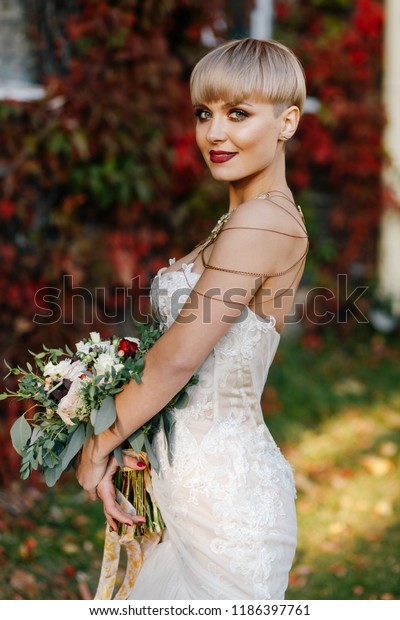 Portrait Stylish Bride Short Hair On Stock Image Download Now