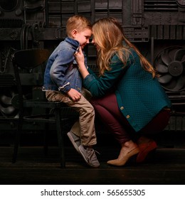  Portrait Of Stylish Cute Little Boy With Beautiful Mom In Photo Studio