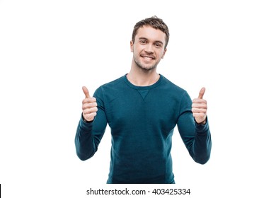 Portrait Of Stylish Handsome Young Man Isolated On White Background. Man Smiling, Showing Thumbs Up And Looking At Camera