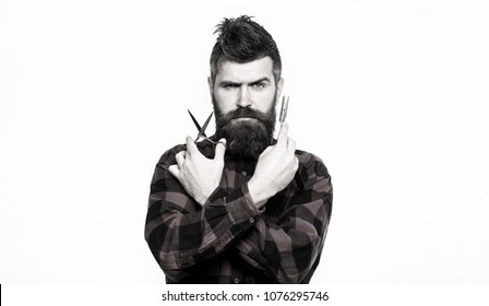 Portrait Of Stylish Man Beard. Barber Scissors And Straight Razor, Barber Shop. Bearded Man, Bearded Male. Vintage Barbershop, Shaving. Black And White.