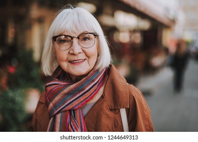 Portrait der stylischen alten Dame im Mantel, die Kamera anschaut und lächelt. Straße auf unscharfem Hintergrund