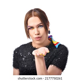 Portrait Of Stylish Young Transgender Woman Blowing Kiss On White Background