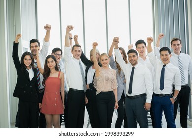 Portrait Of Succesful Business People Team Standing Take A Photo With Joy.business People At Conference Room