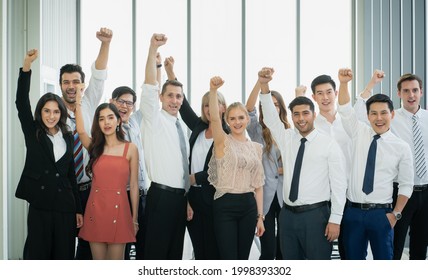 Portrait Of Succesful Business People Team Standing Take A Photo With Joy.business People At Conference Room