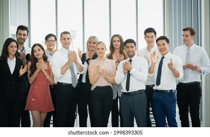 Portrait Of Succesful Business People Team Standing Take A Photo With Joy.business People At Conference Room