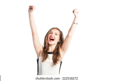 Portrait Of A Successful Business Woman Raising Arms Up In The Air And Screaming For Happiness