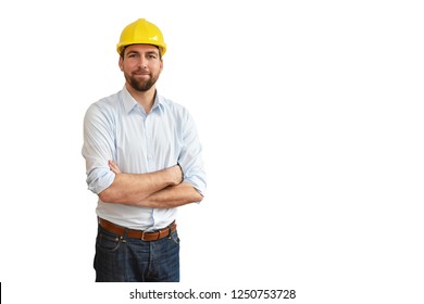 Portrait Of A Successful Engineer In Mechanical Engineering In Industry On White Background