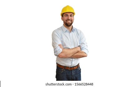 Portrait Of A Successful Engineer In Mechanical Engineering In Industry On White Background