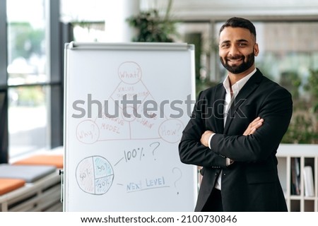 Portrait of successful influential Indian business mentor, in suit, ceo or businessman, stands near whiteboard in office with arms crossed, looks at camera, smile friendly