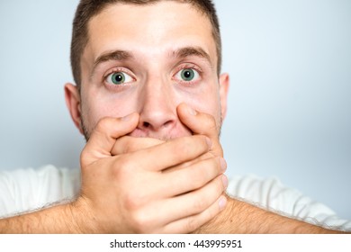 Portrait Successful Man Shocked Covers Mouth Stock Photo 443995951 ...