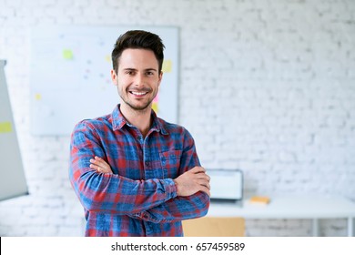 Portrait Of Successful Programmer, Web Designer Standing In Start-up Office