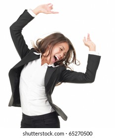 Portrait Of Successful Winner Celebrating By Dancing. Beautiful Young Happy Woman Isolated On White Background.