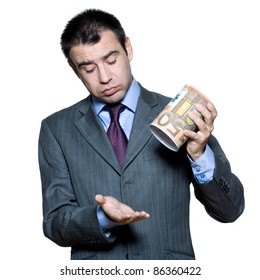 Portrait Of Sullen  Businessman With An Empty  Money Box  In Studio On Isolated White Background