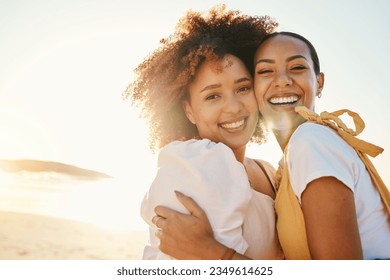 Portrait, sunset and a gay couple hugging on the beach together for romance or bonding on a date. Face, love and a gay woman with her lesbian girlfriend by the sea or ocean on nature mockup space - Powered by Shutterstock