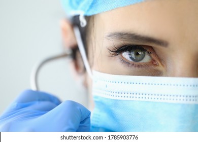 Portrait Of Surgeon Doctor In A Protective Mask. Medical Workers On The Front Line To Combat Coronavirus Concept