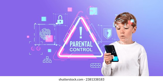 Portrait of surprised boy holding smartphone standing over purple background with glowing parental control alert sign. Concept of online protection of children and cyber security - Powered by Shutterstock