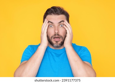 Portrait of surprised man. Wow, it's unbelievable. Shocked man opening mouth widely. Man with shocked, amazed expression face. Surprise facial expression. Human emotions man facial expression concept.