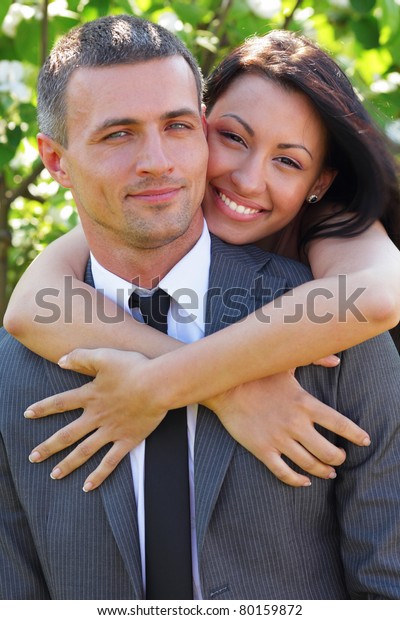 Portrait Sweet Couple Love Embracing Outdoors Stock Photo 80159872