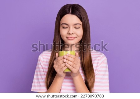 Portrait of sweet lovely person closed eyes arms hold coffee cup smell aromat isolated on purple color background