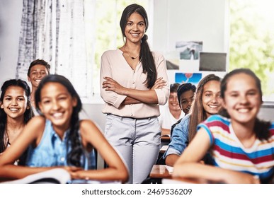 Portrait, teacher and students in classroom for lesson, learning and studying in high school. Woman, smile and pupils for career in academy, education and development for future with happiness - Powered by Shutterstock