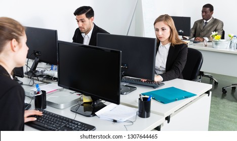 Portrait Of Team Of Diligent Positive   Buisness People Working With Laptops In  Office