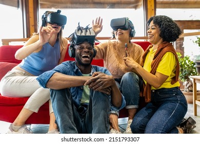 Portrait Of A Team Of Gamers, Young People And Different Influencers Having Fun While Testing Virtual Reality Games