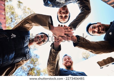 Portrait, team motivation or hands in huddle for goals, hope or soldier training on war battlefield. Mission, low angle or happy army friends in solidarity and support in paintball or military group
