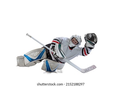 Portrait of teen boy, hockey player, goalkeeper catching plug in motion isolated over white studio background. Dynamic sport. Concept of sportive lifestyle, childhood, hobby, action - Powered by Shutterstock