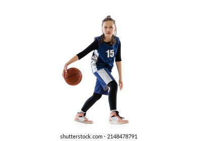 Portrait Of Teen Girl, Basketball Player In Motion, Dribbling Ball Isolated Over White Studio Background. Beat The Defender. Concept Of Sport, Active Lifestyle, Health, Team Game And Ad