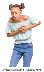 Portrait Of Teen Girl With Chest Pain Suffering From Heart Attack. Healthy Care Concept. Child Having Heart Problems, Isolated On White Background.