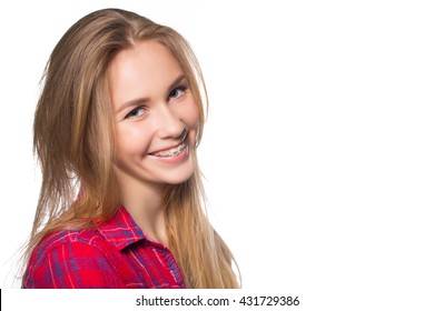 Portrait Of Teen Girl Showing Dental Braces.