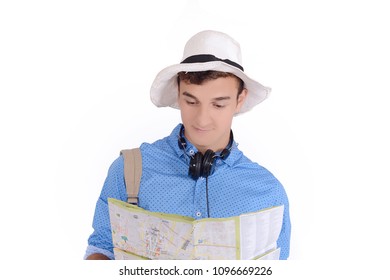 Portrait Of Teen Turist Traveling With Map. Travel Concept. Isolated White Background