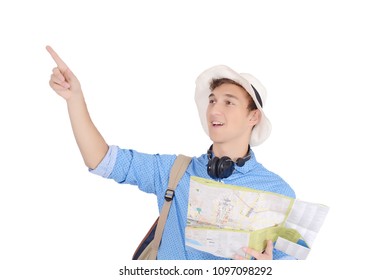 Portrait Of Teen Turist Traveling With Map. Travel Concept. Isolated White Background