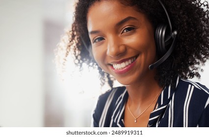Portrait, telemarketing and black woman with call center, headset and customer service. Friendly agent, insurance consultant or employee with headphone, tech support or contact us with advice or sile