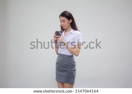 portrait of thai china adult office girl white shirt drinking coffee