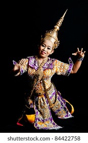 Portrait Thai Dancing Art ,Khon Thai Classical masked ballet in black background.