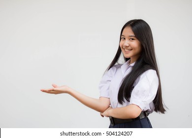 Portrait Of Thai High School Student Uniform Beautiful Girl Show Hand