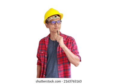 Portrait Thai Man Asian , 40 To 50 Years Old, Senior Engineer Concept. Thinking Of Creating A Construction Control Plan Wear A Yellow Safety Helmet, Black Eye Glasses, Isolated On White Background.