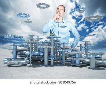 portrait of thinking man and 3d plan