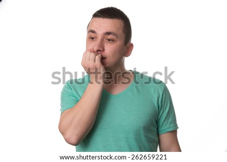 Portrait Of Thinking Man With Fingers In Mouth - Biting Fingernail - Negative Emotion - Facial Expression - Isolated On White Background