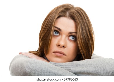 Portrait Of Thinking And Sad Woman Isolated On  White Background